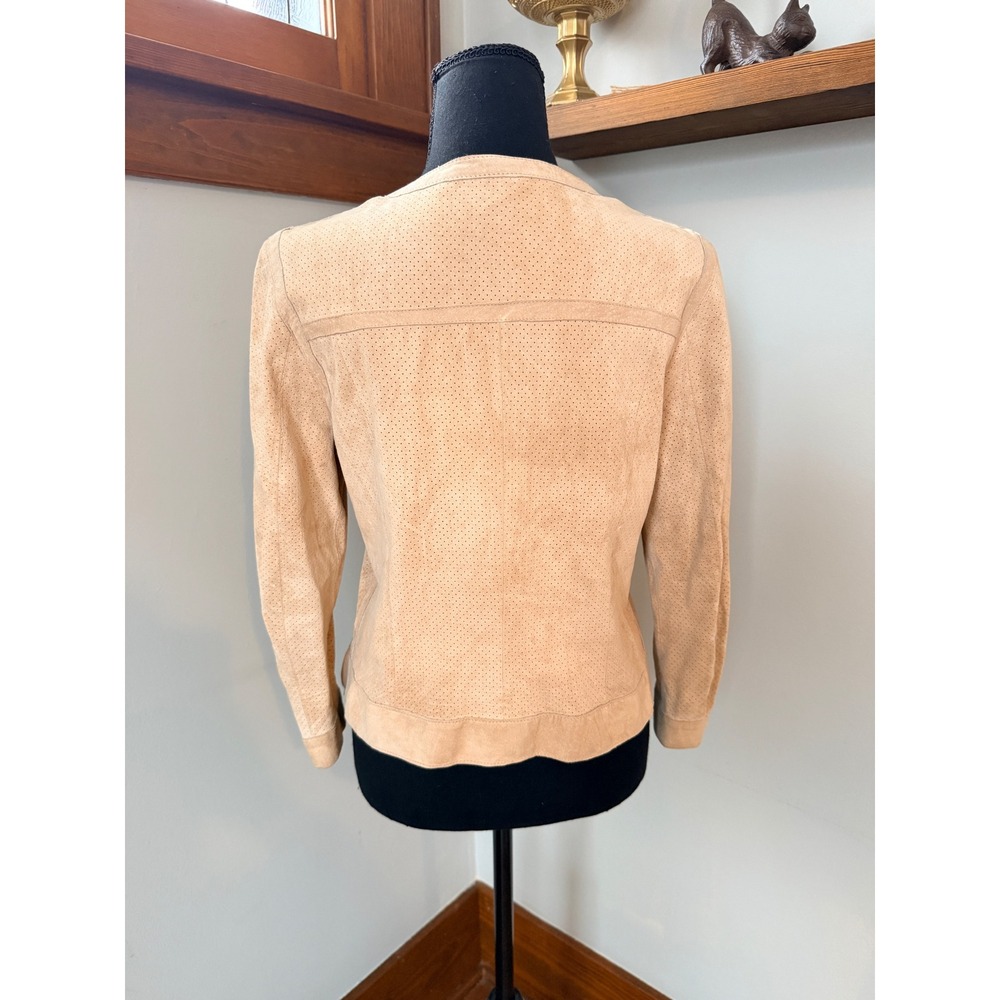 Ecru Perforated Tan Suede Bomber Jacket Women's Size Medium‎ Zip Pockets - Picture 4 of 7